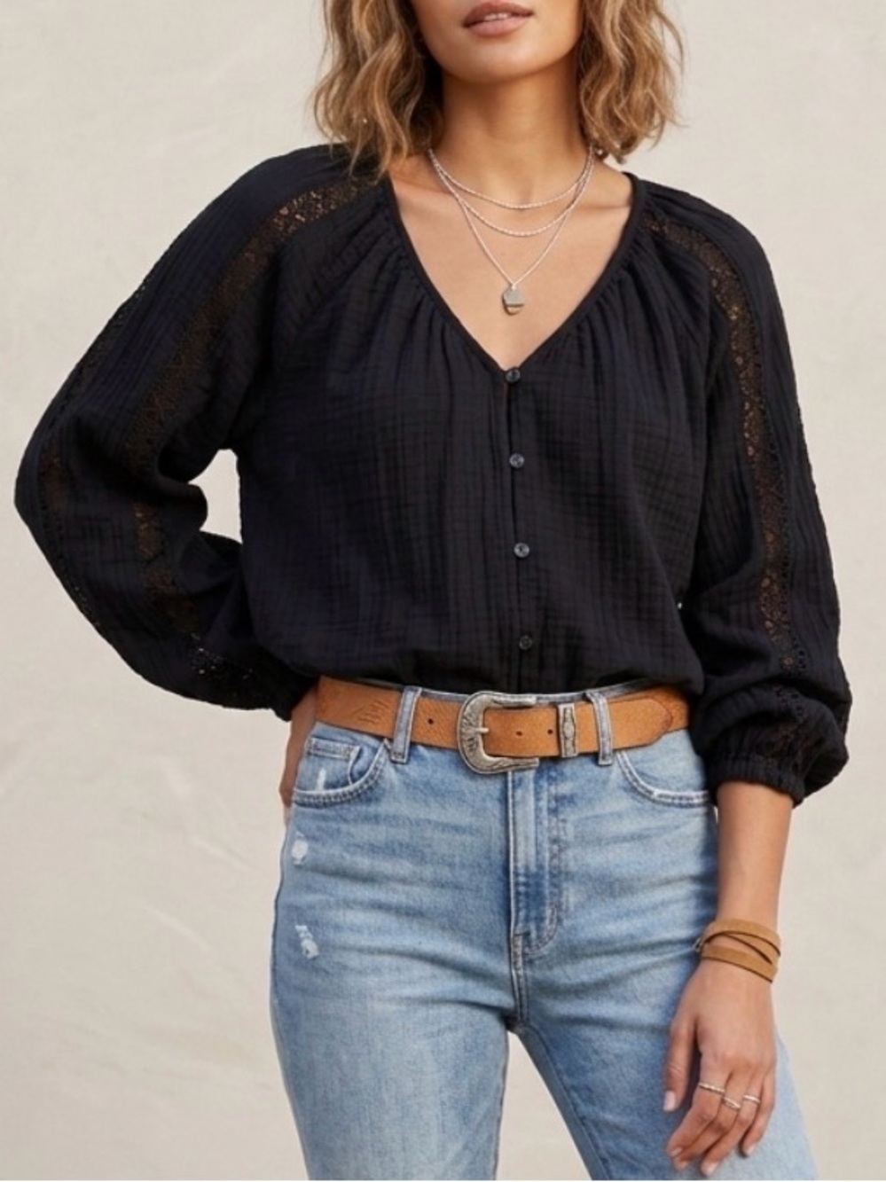 Universal Thread Black Button-Front Peasant Blouse Cotton